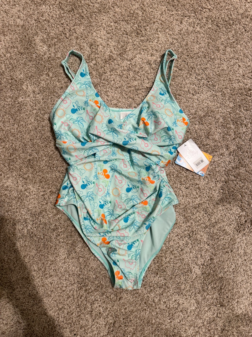 NEW Disney Mint Blue Floral & Character One-Piece Swimsuit